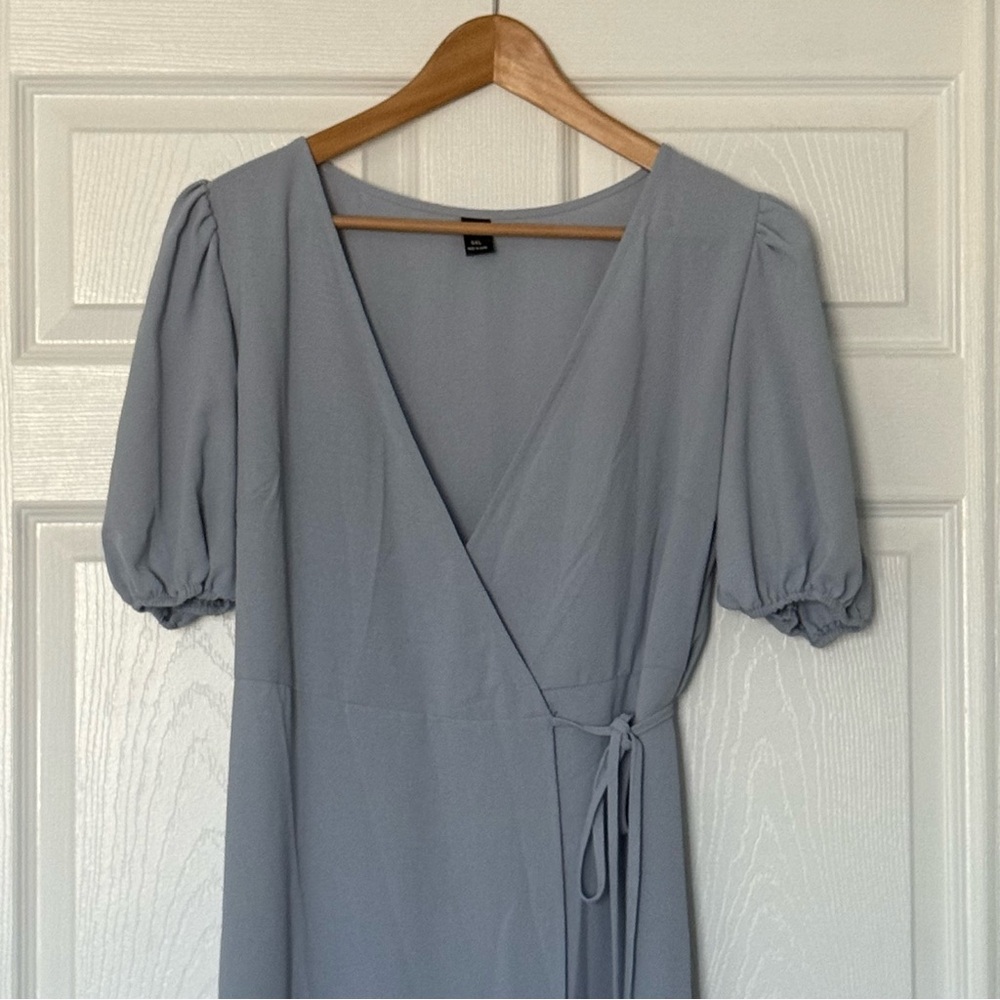 SHEIN Light Blue Puff Sleeve Maxi Wrap Dress